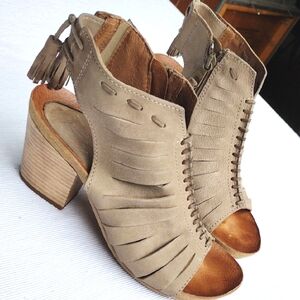 Miz Mooz Women's Taupe Suede Peep-Toe Block Heel Sandals